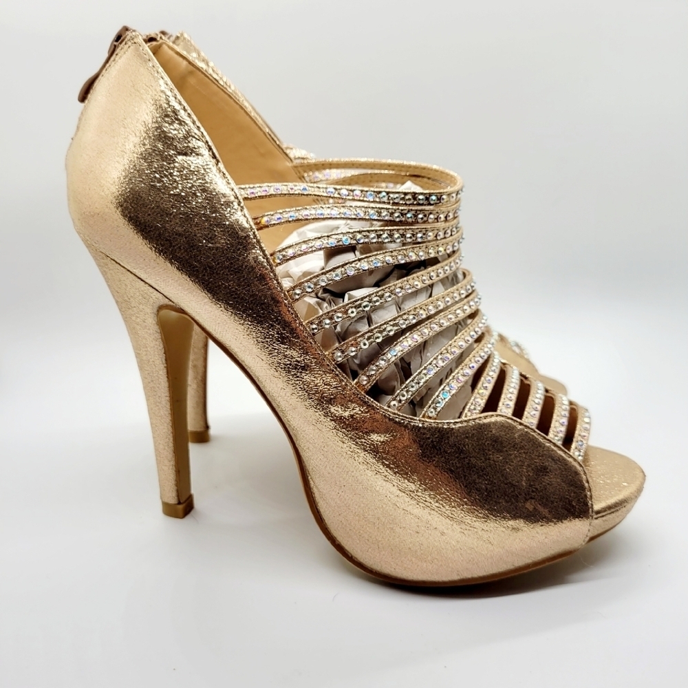New Champagne Gold Rhinestone Embellished Caged Platform Heel Size 7.5 - Picture 9 of 14